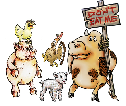 The Wildwood bunch: Earlene on Alberta the pig, Goober the turkey, Isaac the lamb and Wilber the steer holding a Don't Eat Me sign